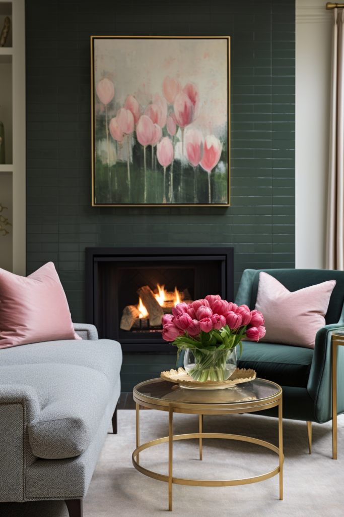 An artful arrangement of pink tulips stands as the off-center focal point in a living room with green walls.