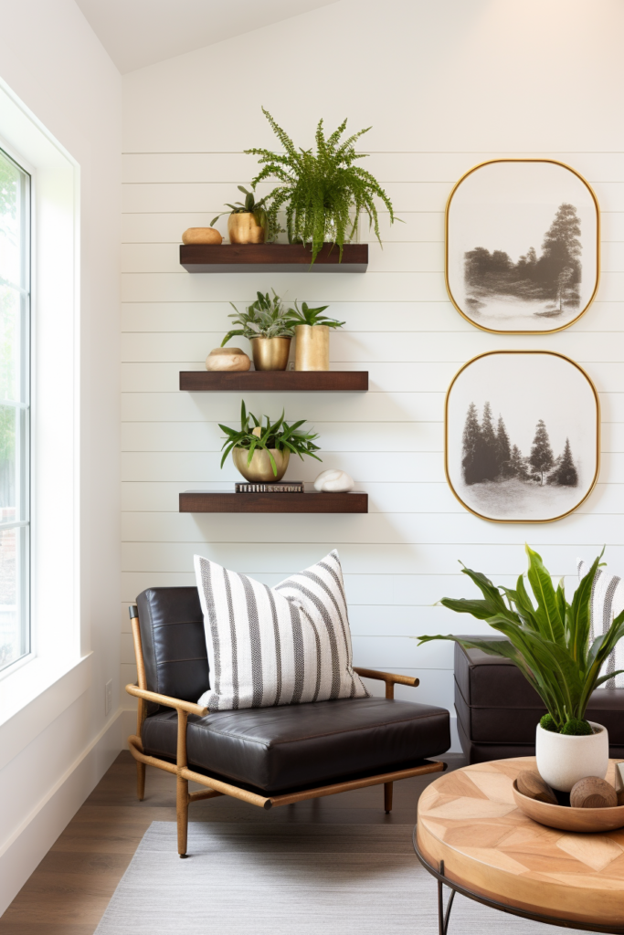 A living room with artful arrangements of plants on the wall, creating off-center focal points.