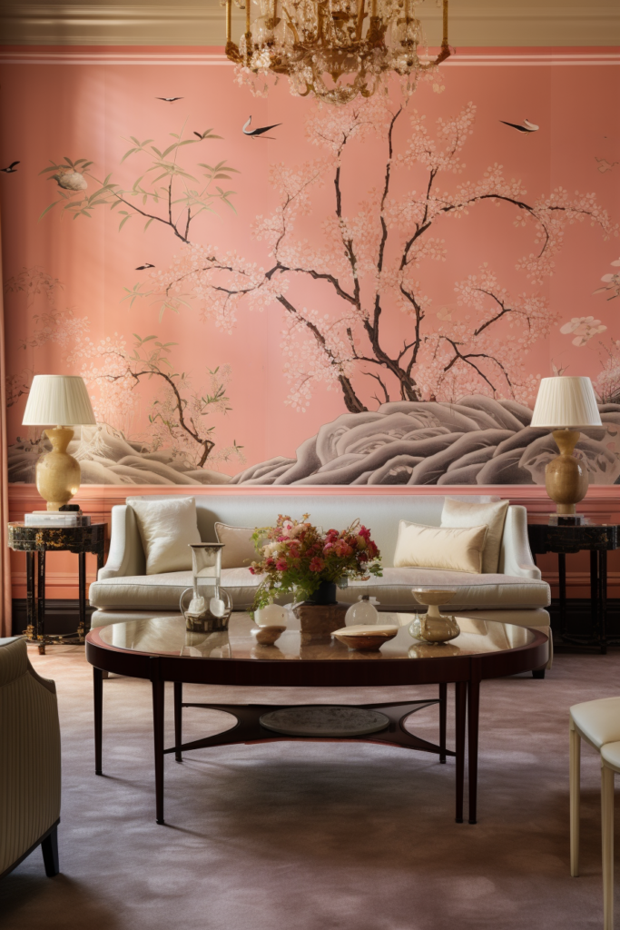 An artful arrangement of a pink wall adds an off-center focal point to the living room.