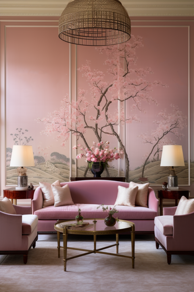 An artful arrangement of pink furniture in a living room with a pink wall.