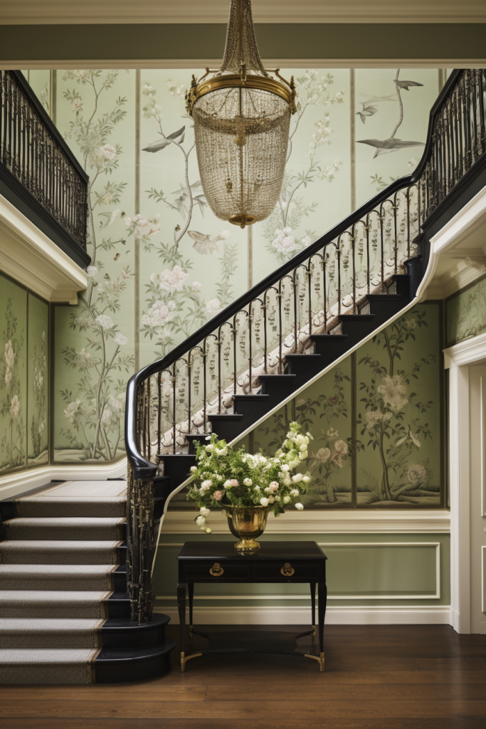 An artful arrangement of a staircase in a room with floral wallpaper.