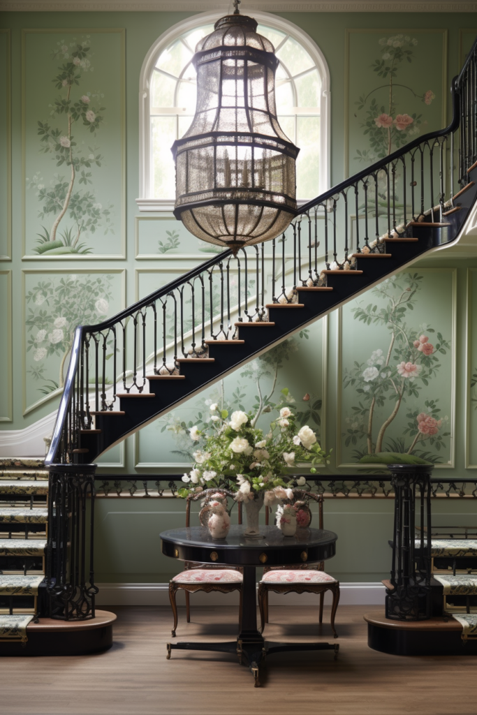 An artful arrangement of a staircase in a room with off-center floral wallpaper.