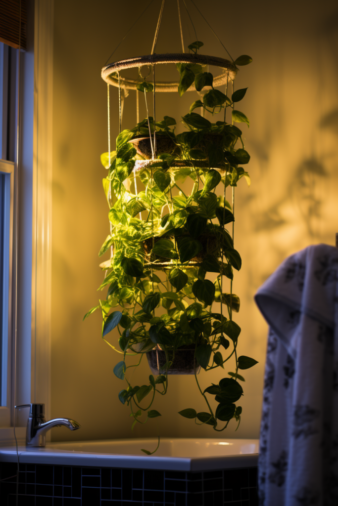 A bathroom plant strategically hung from a light fixture, thriving under artificial lighting.