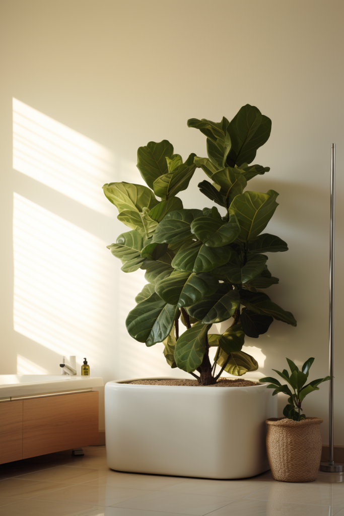 A bathroom plant in a white pot, benefiting from artificial lighting strategies.