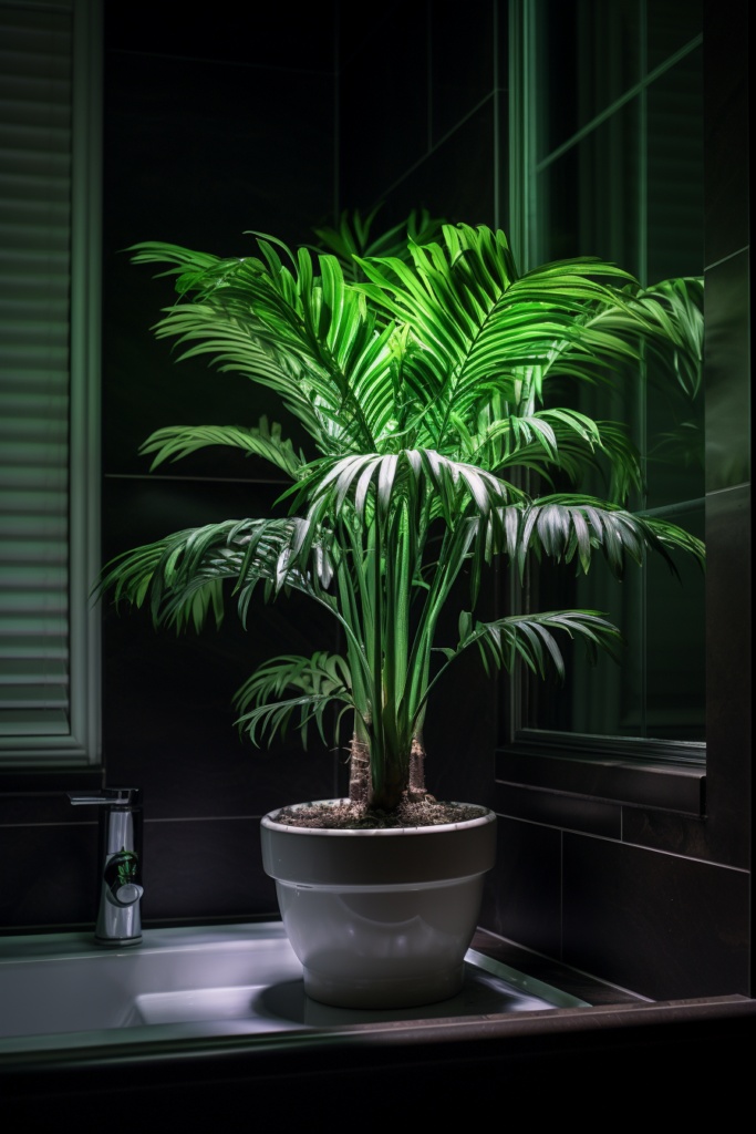 Artificial lighting highlights a bathroom plant in a pot beside a window.