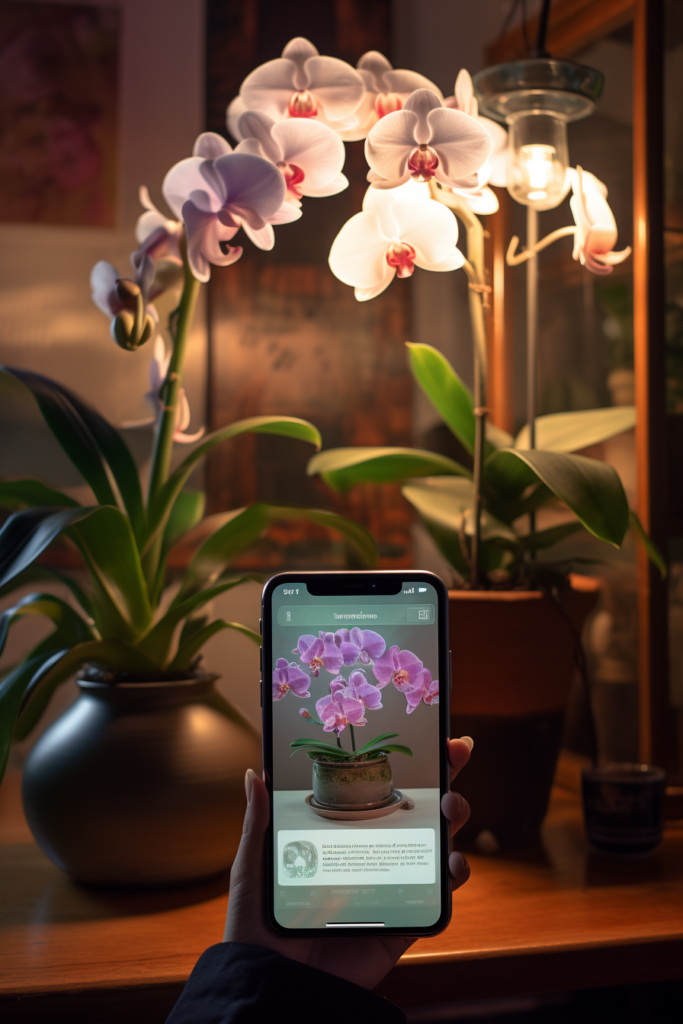 A person holding a smartphone displaying images of orchids, utilizing artificial lighting strategies.