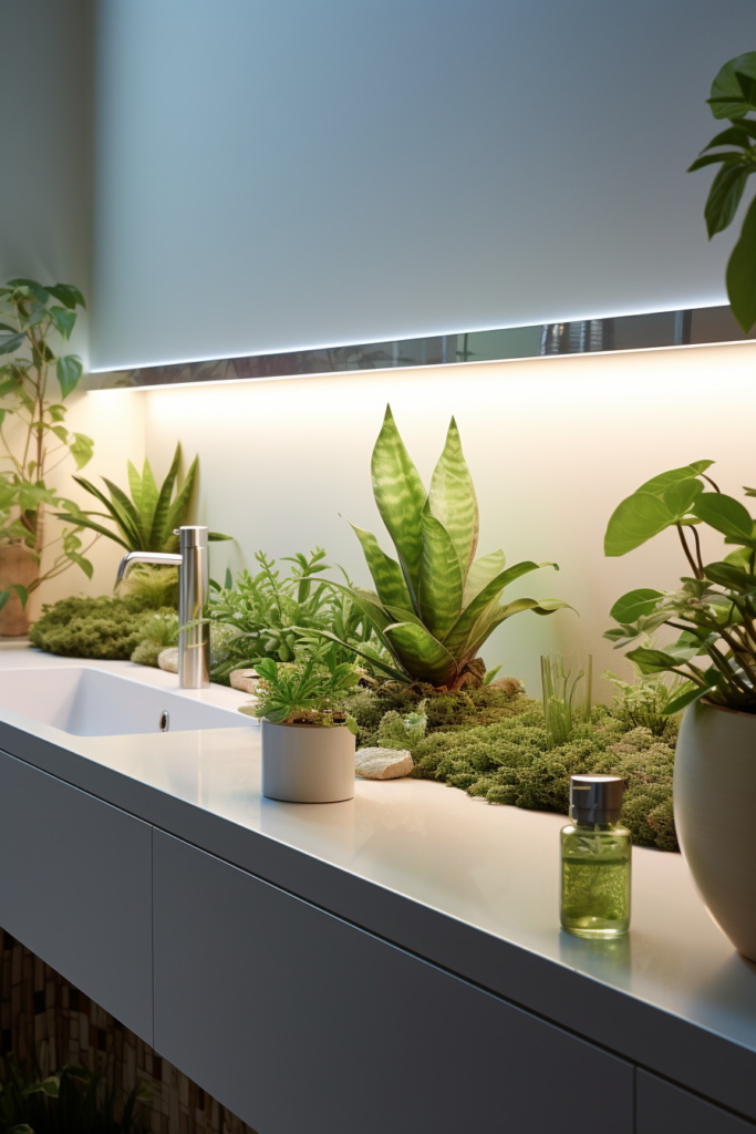 A sink with bathroom plants arranged strategically under artificial lighting.