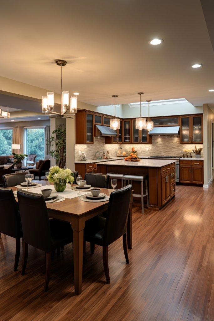 Balancing open floor plans with defined living spaces, this home features hardwood floors in the kitchen and dining room.