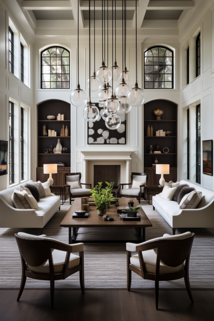 A large living room with defined living spaces, white furniture, and chandeliers.