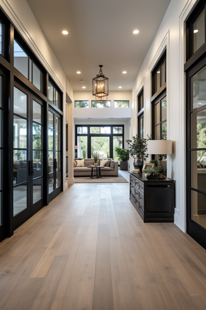 A hallway in a home with large windows and doors that showcases an open floor plan and defined living spaces.