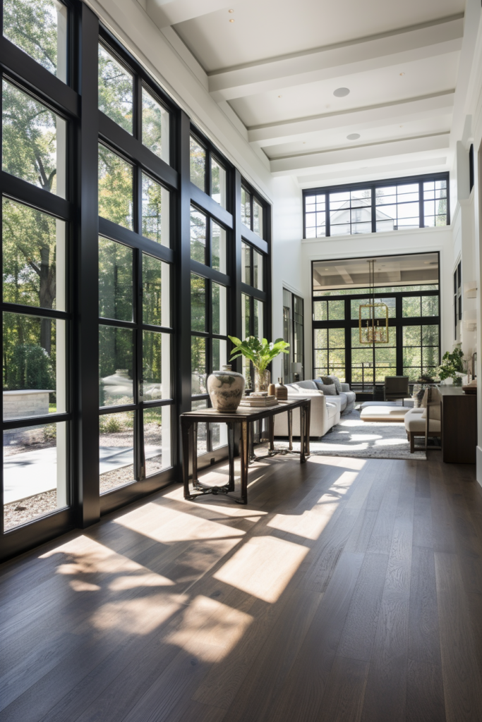 A living room with large windows and hardwood floors, creating a defined space within an open floor plan.