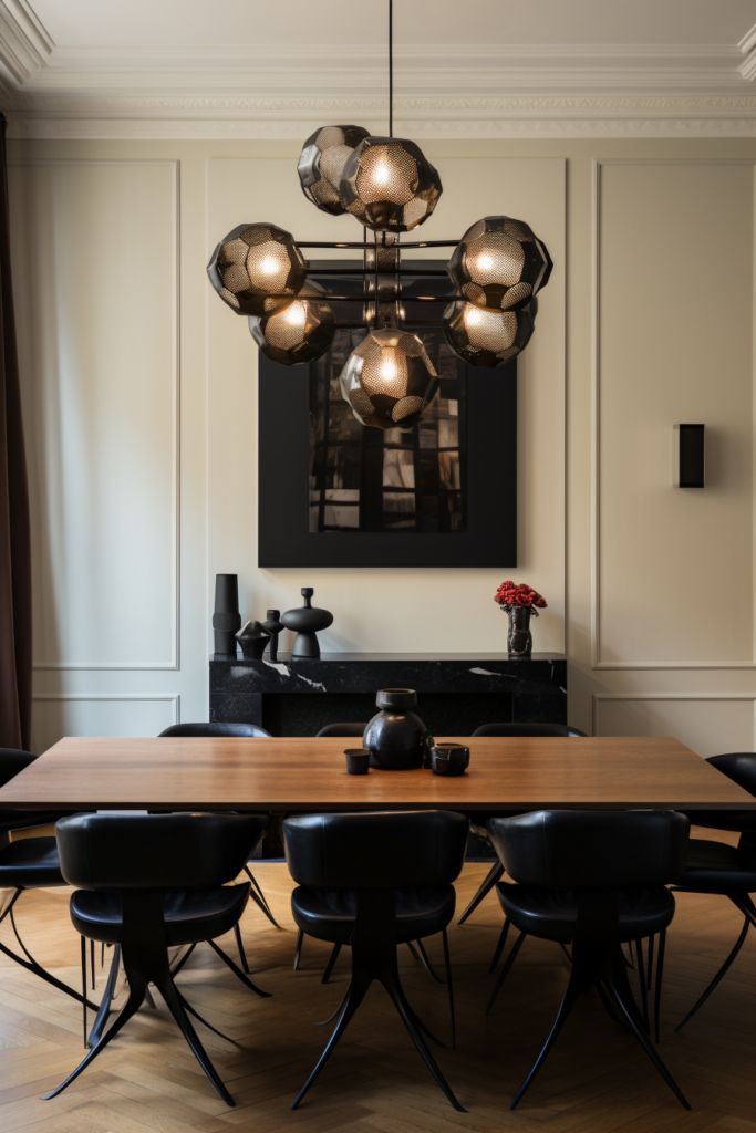 A dining room with defined living spaces featuring black chairs and a chandelier.