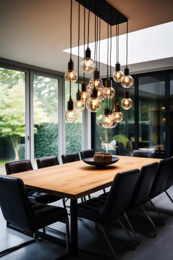 A dining room with a large table and chairs, balancing both defined living spaces and an open floor plan.