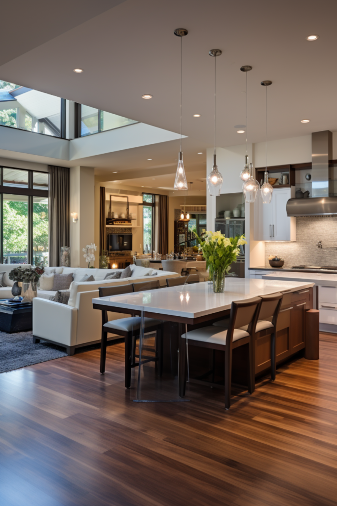 A kitchen with a large island, balancing defined living spaces in an open floor plan.