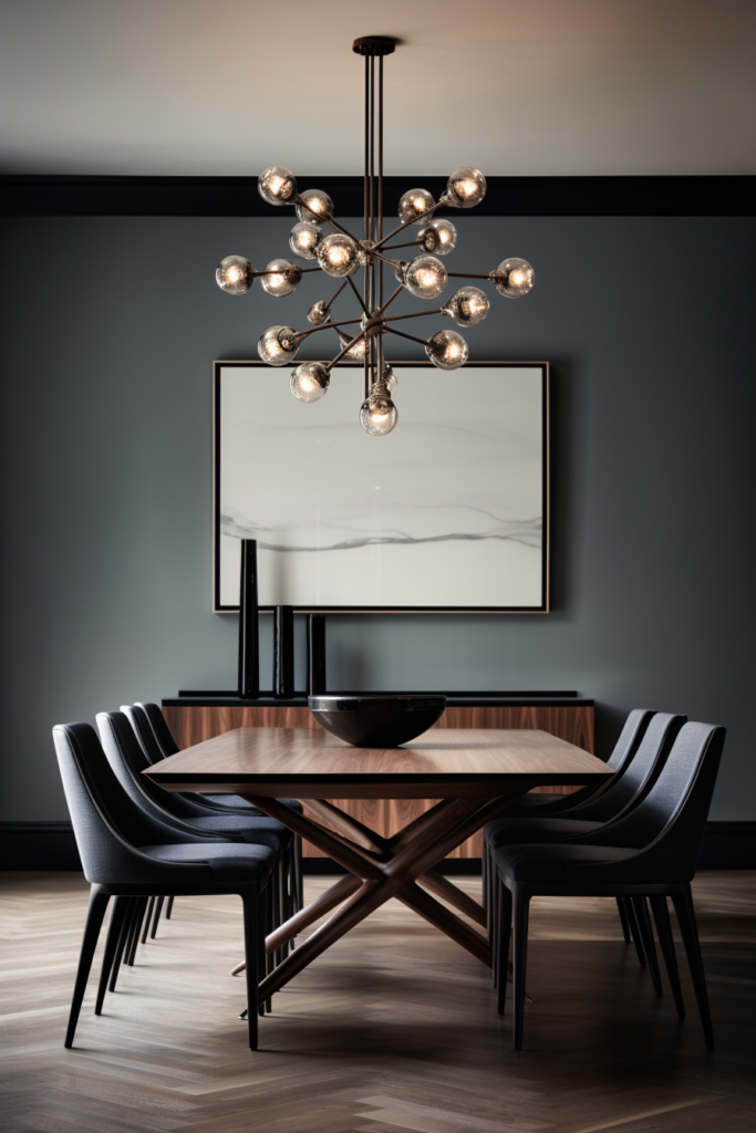 A modern dining room with a defined living space featuring a black table and chairs.