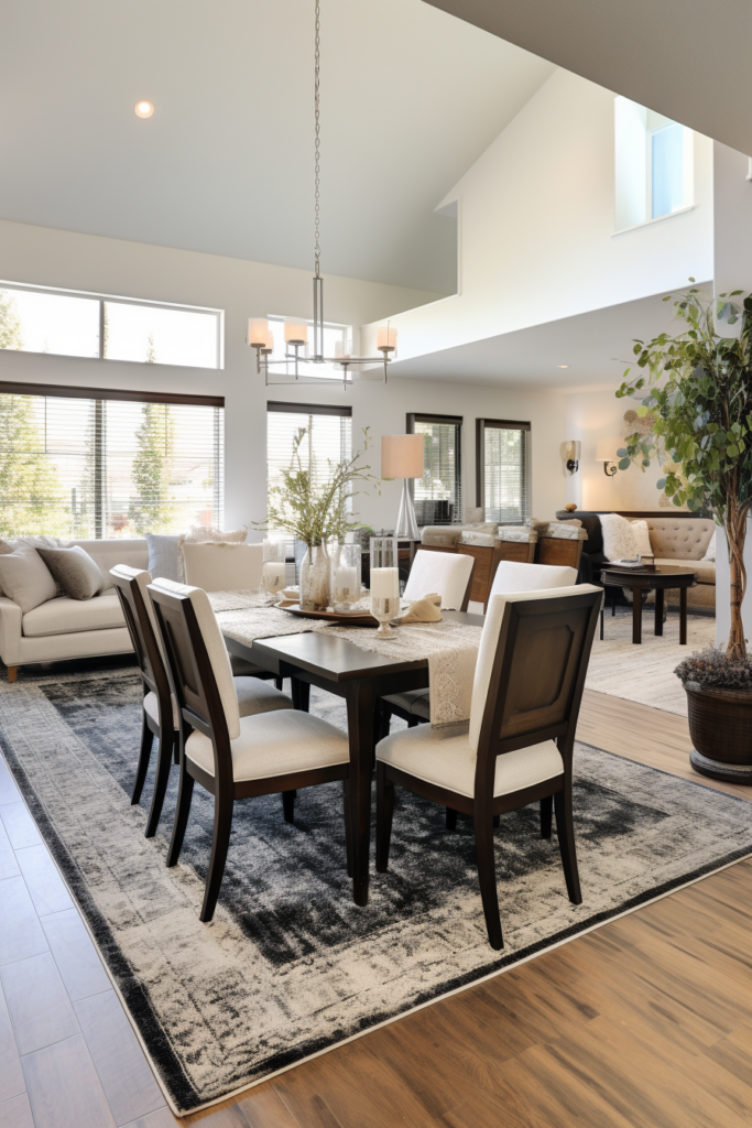 An open floor plan dining room with hardwood floors and white walls, balancing defined living spaces.