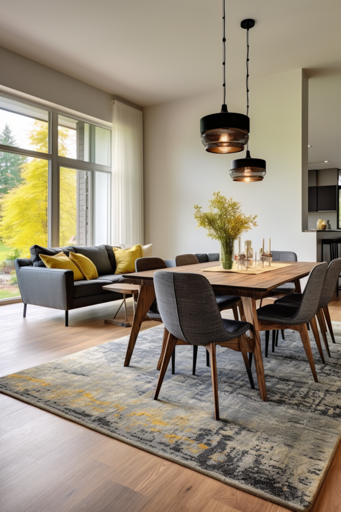 A modern dining room with wooden floors and a yellow rug that balances defined living spaces.