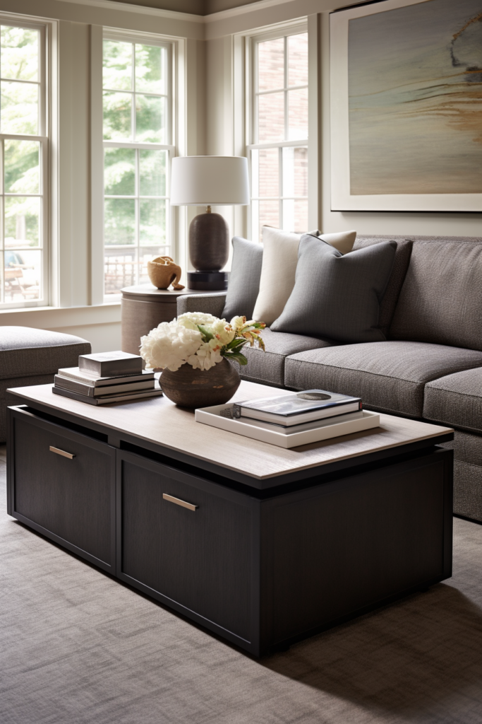 A living room with a gray couch and a coffee table, creating defined living spaces.