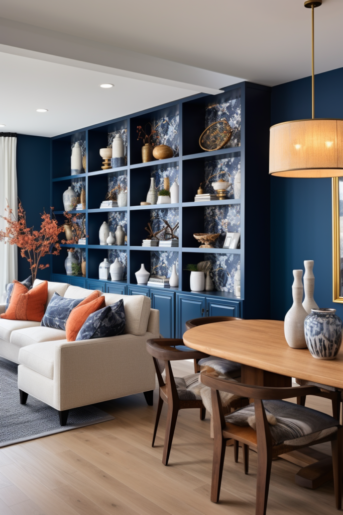 An open floor plan living room with blue walls and orange accents, balancing defined living spaces.