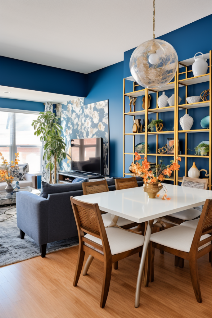 An open floor plan dining room with defined living spaces and blue walls.