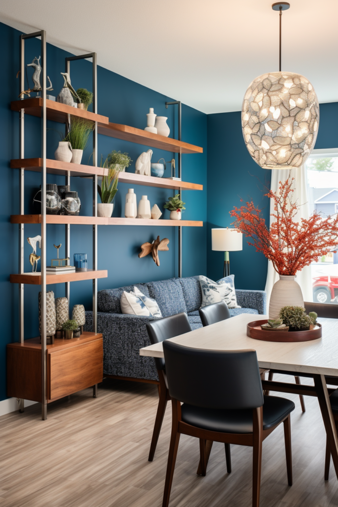 An open floor plan dining room with blue walls and a wooden table, creating defined living spaces.