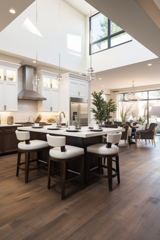 A large kitchen with hardwood floors and a center island offers defined living spaces.