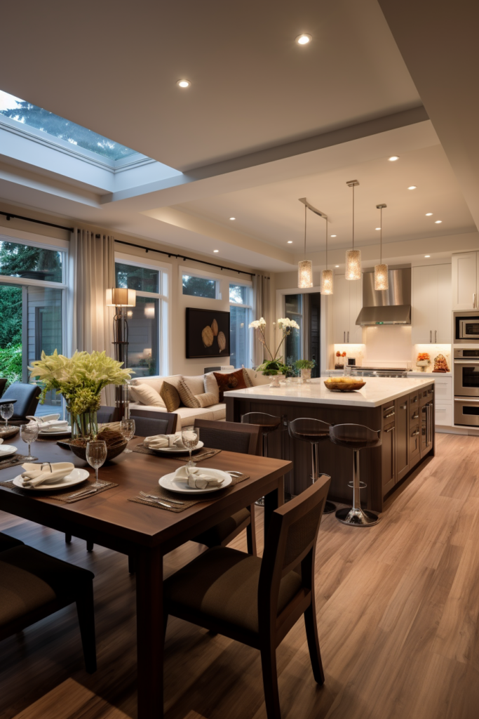 An open floor plan kitchen with a dining table and chairs.