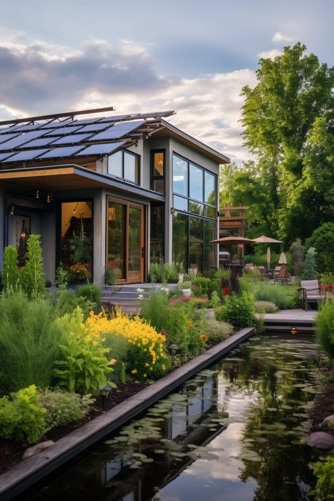 A modern home featuring solar panels and a beautiful pond, designed using architecture tools.