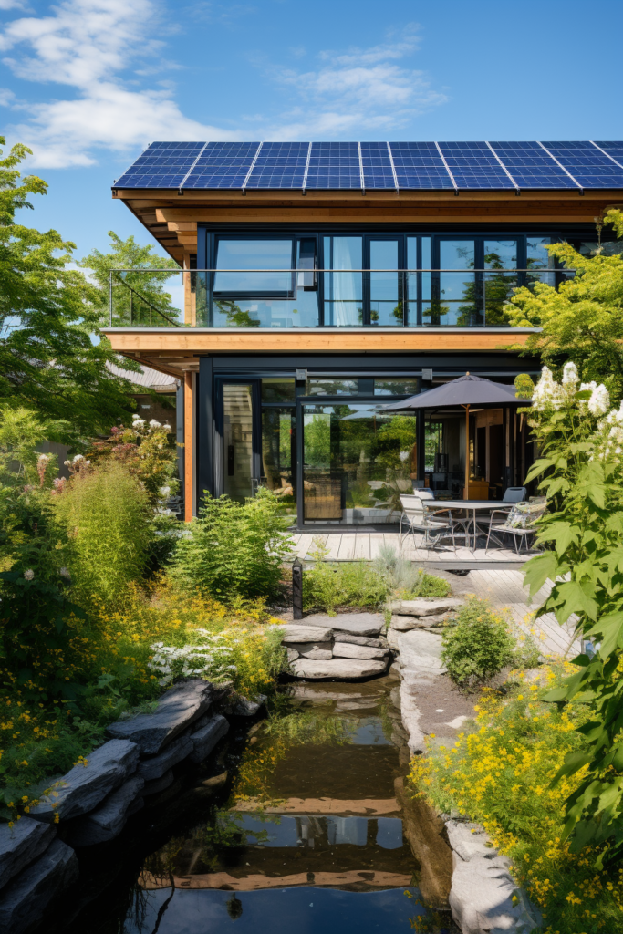 An architecturally-designed house featuring solar panels and a tranquil pond.
