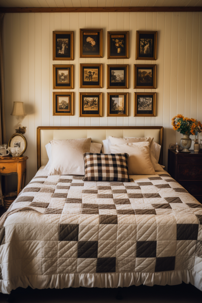 A bed with a white and black quilt, enhanced by AI-Powered Apps.