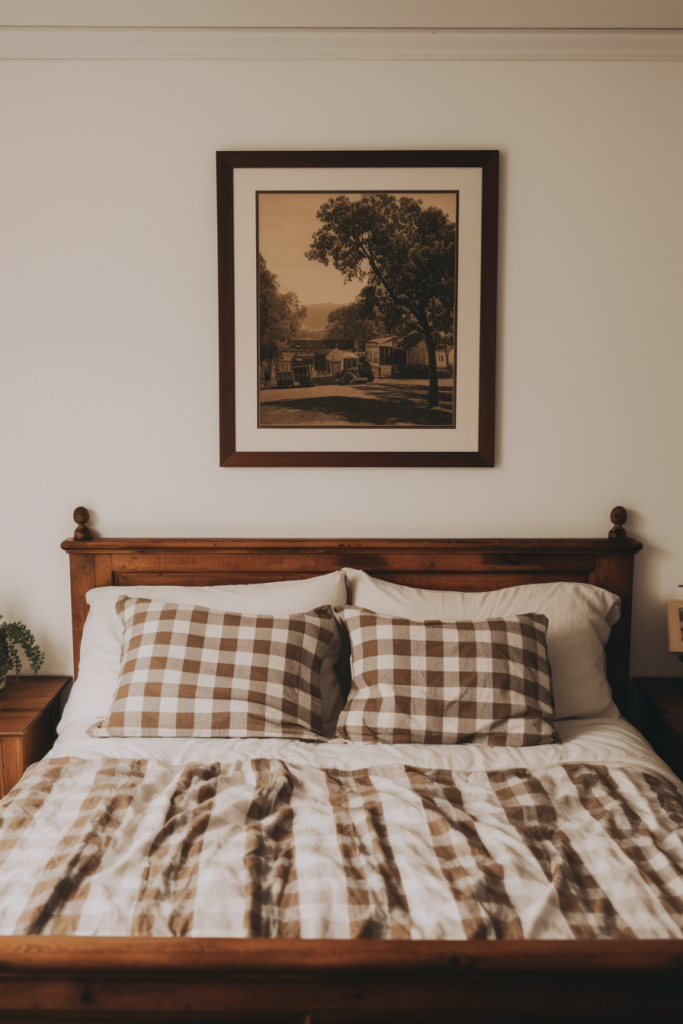 A bed with a plaid comforter, revolutionizing home design.