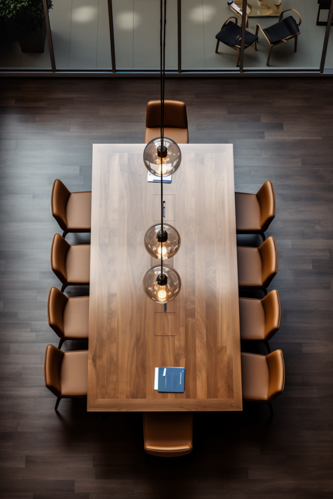An AI-powered overhead view of a conference table in an office.