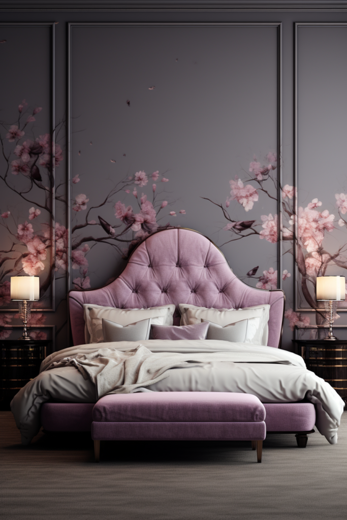A revolutionizing bedroom with an AI-powered purple bed and a pink wall.