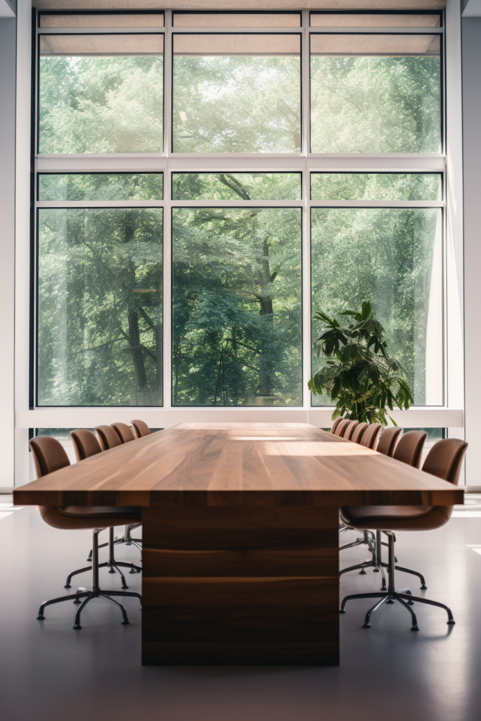 A conference room with large windows and a wooden table, revolutionizing home design and incorporating AI-powered apps.