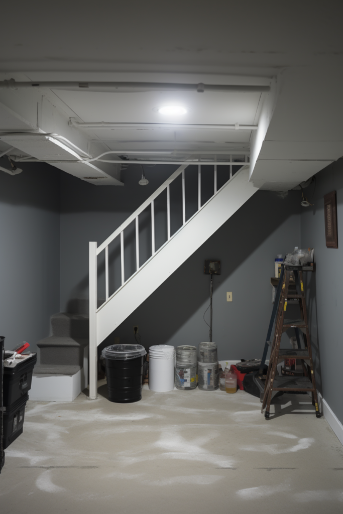 A stairway in an unfinished basement, enhanced by AI-Powered Apps.