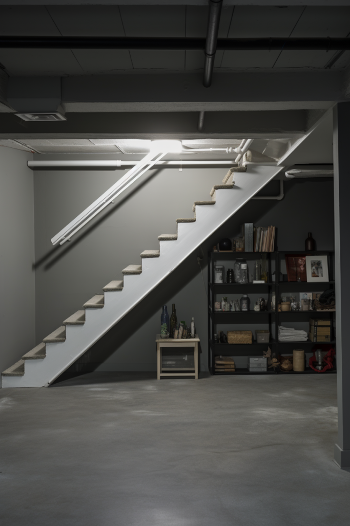 An architecture room with stairs and shelves, revolutionizing home design with AI-powered apps.