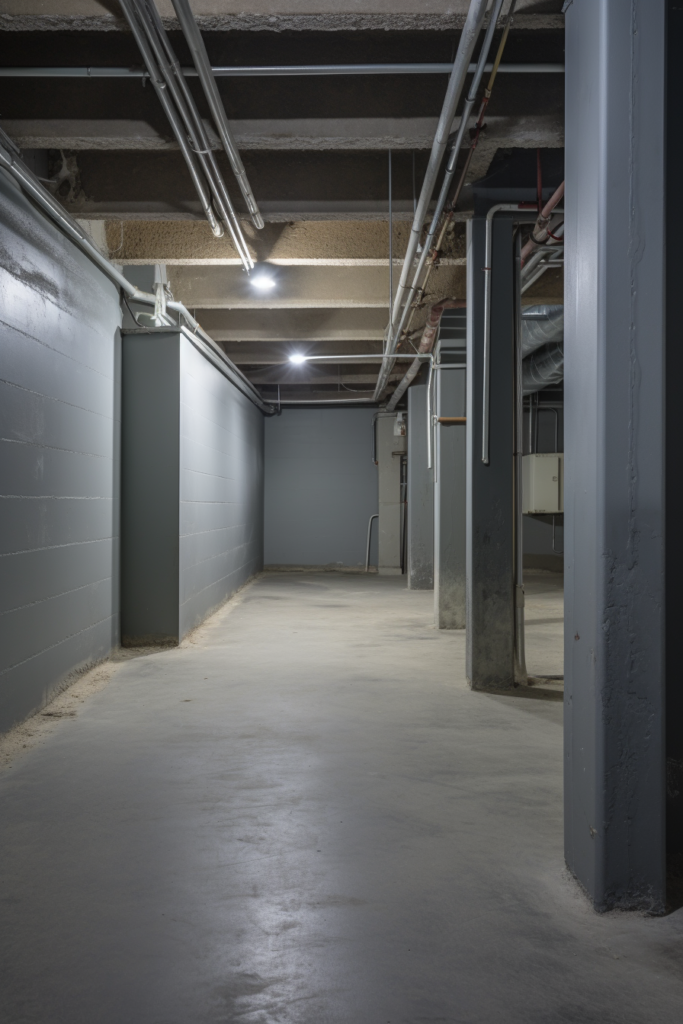 An empty basement with concrete floors and pipes, perfect for utilizing AI-Powered Apps and Architecture Tools to assist in home design.