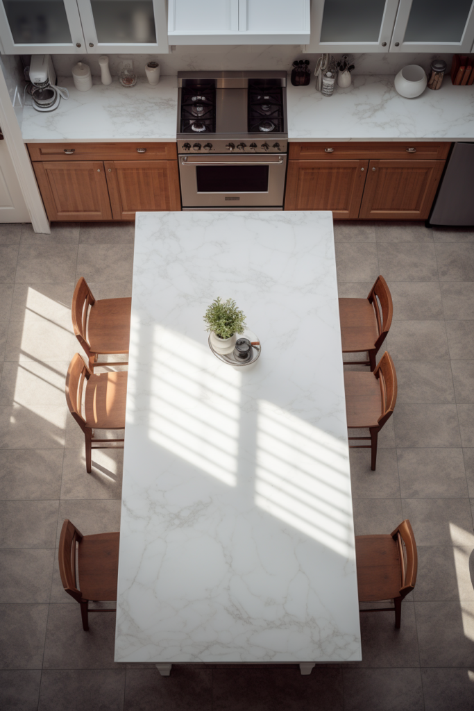 Revolutionizing the architecture industry with AI-powered tools, an aerial view reveals a stunning kitchen with a marble table and chairs.