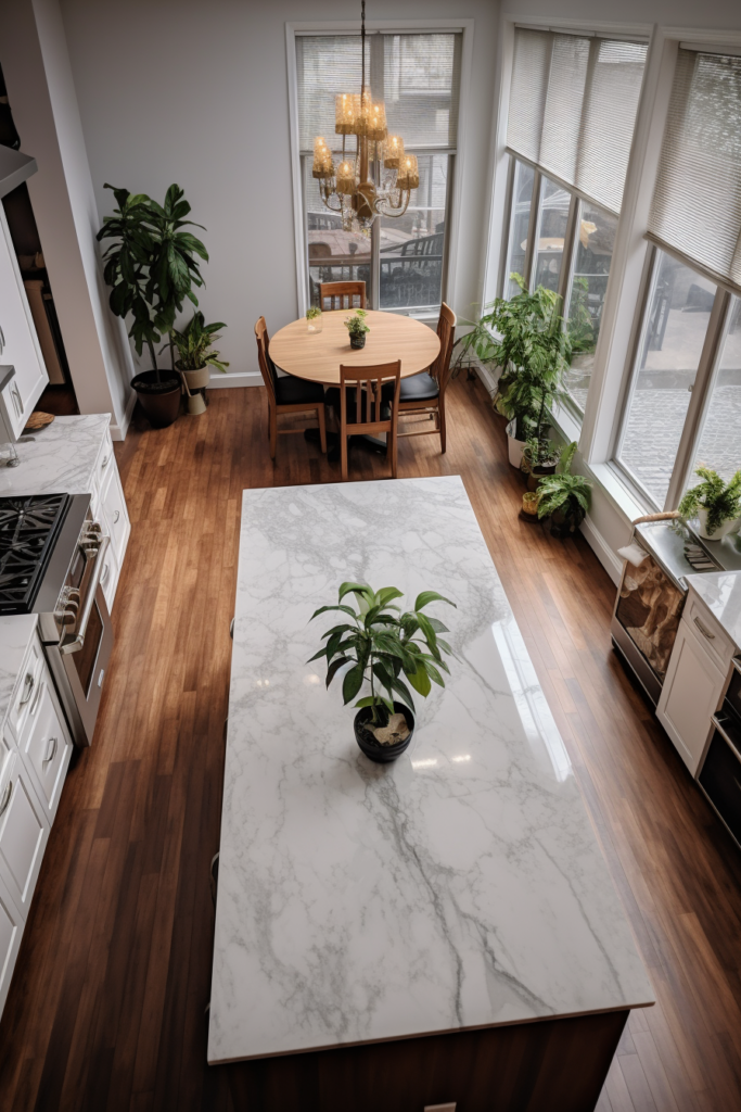 A AI-powered kitchen with a marble counter top, revolutionizing home design.