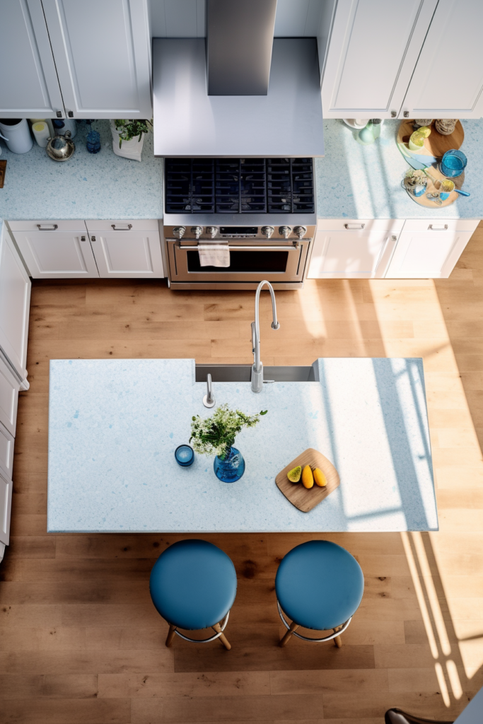 Revolutionizing home design with an AI-powered aerial view of a kitchen featuring blue stools.
