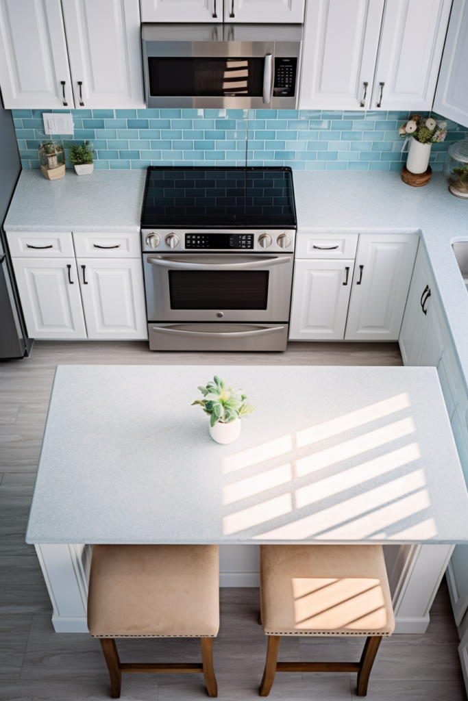 Revolutionizing Home Design: A kitchen with white cabinets and blue counter tops.