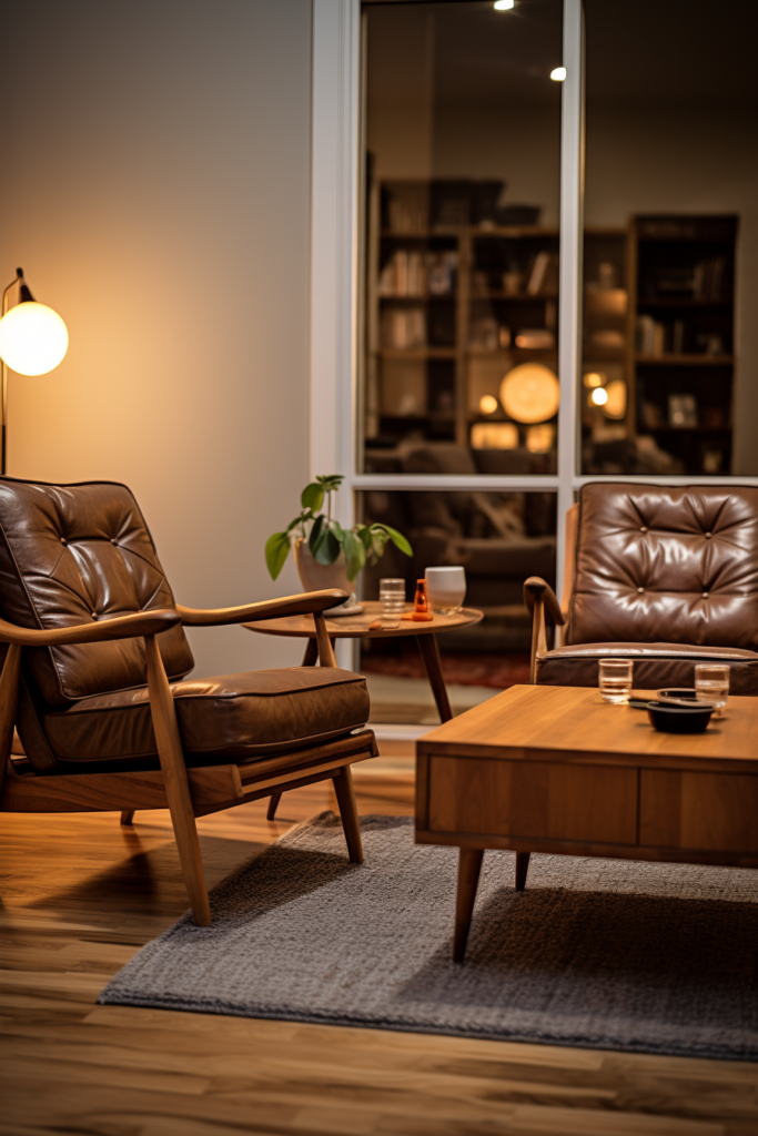 An AI-Powered living room design revolutionizing home decor, featuring two brown leather chairs and a lamp.