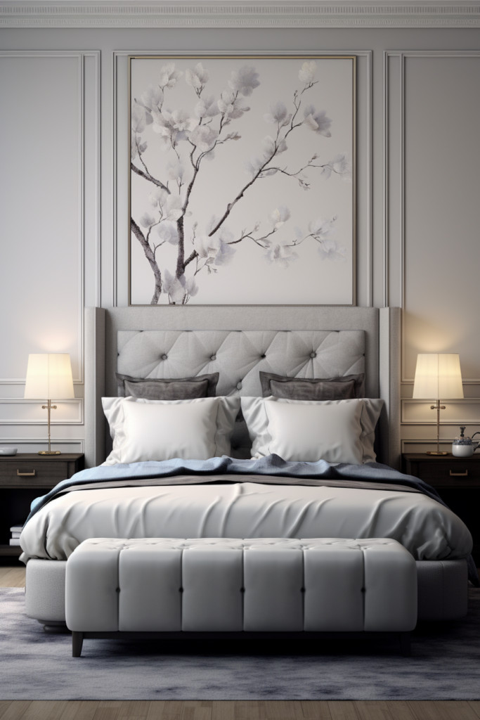 Revolutionizing home design with an AI-powered app, this 3D rendering showcases a white bed and a painting adorning the wall of a beautifully designed bedroom.