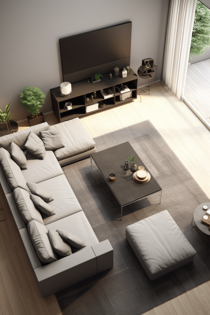 A living room with a tv and a coffee table, revolutionizing home design.