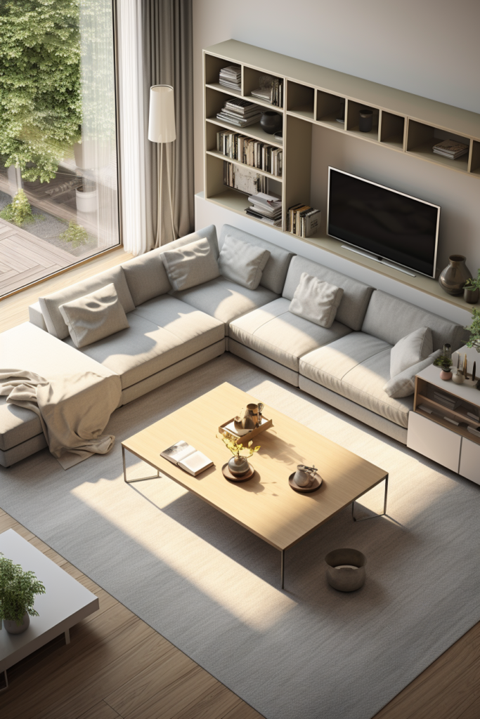A revolutionizing living room with a large sectional sofa and coffee table, powered by AI-technology for modern home design.