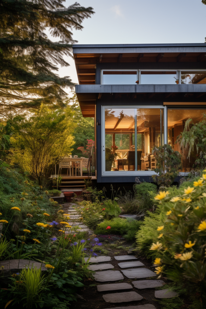 Revolutionizing home design with AI-powered apps for a modern home nestled among trees and flowers.