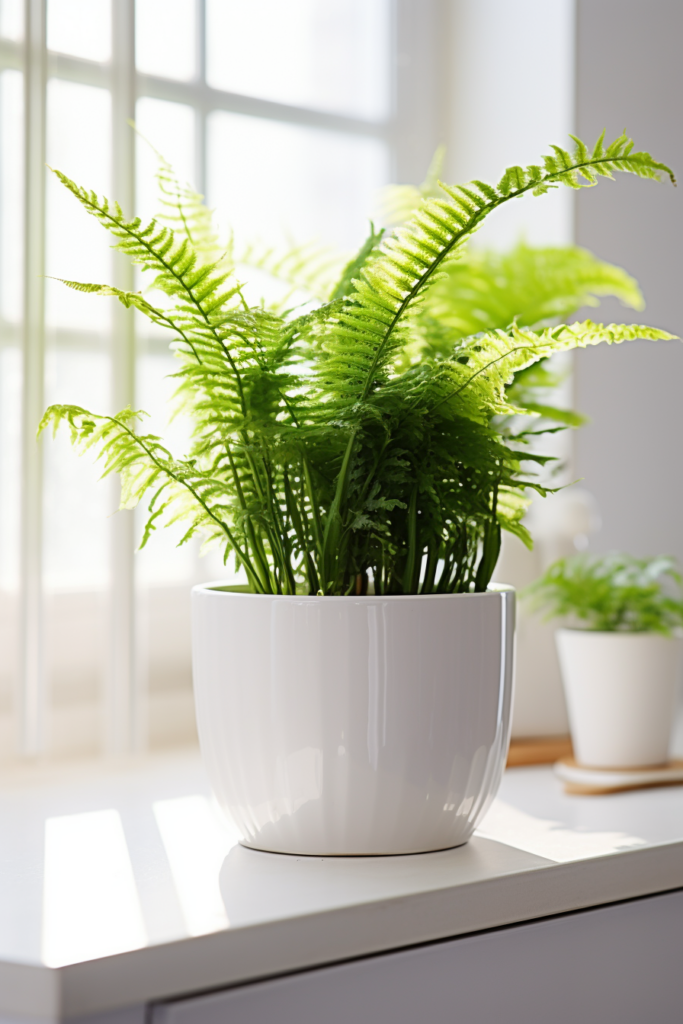 A tropical fern plant in a white pot on a bathroom window sill.