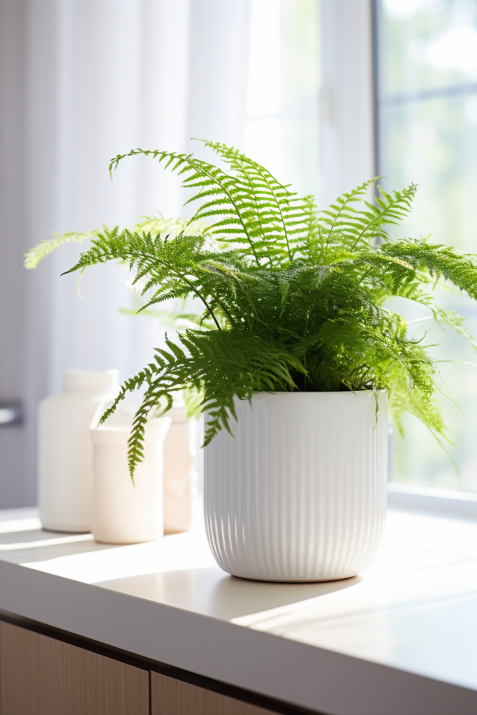 Tropics-inspired fern plant in a white pot on a kitchen counter.