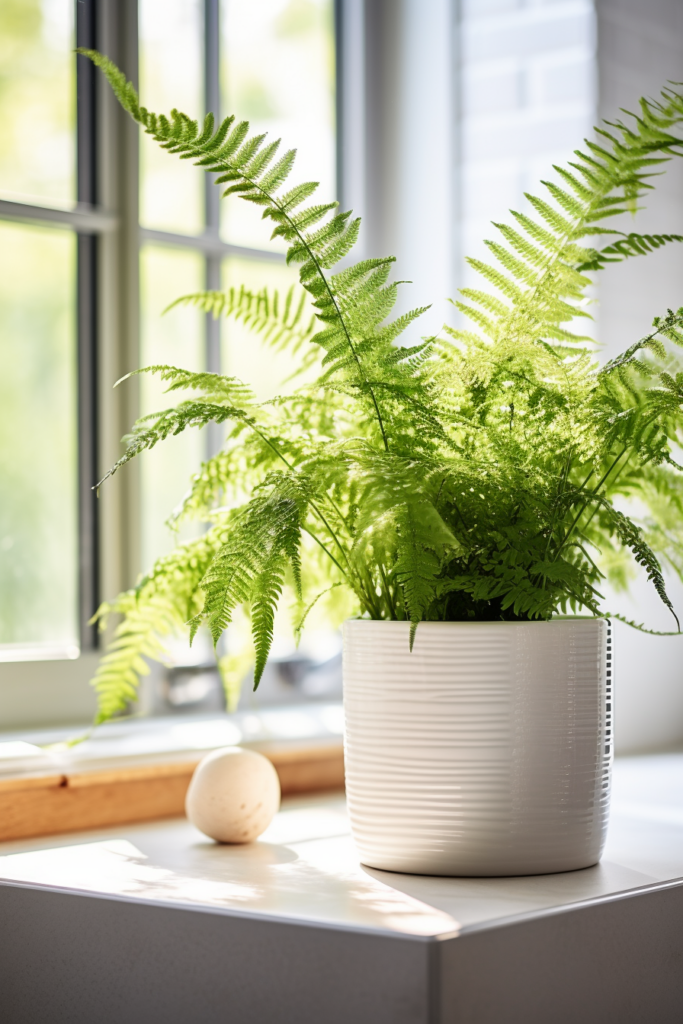 Humidity-loving fern plant in a white pot on a window sill.