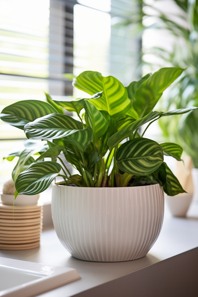 A tropical plant in a white bowl on a kitchen counter.